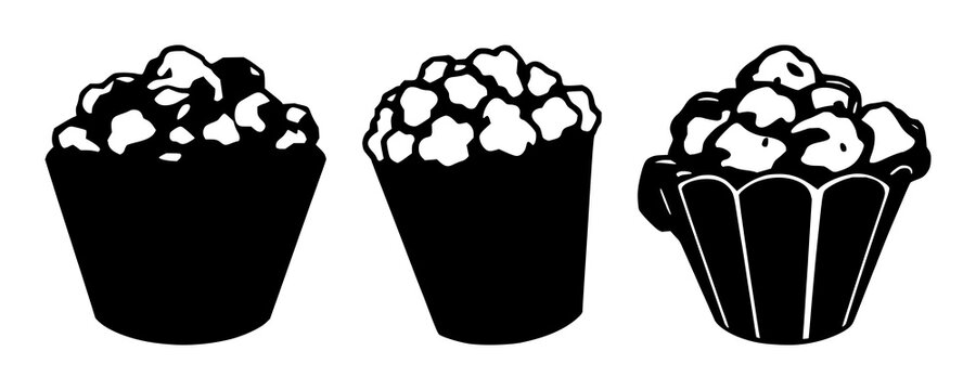 Popcorn set with black silhouettes on white background featuring snack, movie theater, buttery treat with white and popcorn kernels