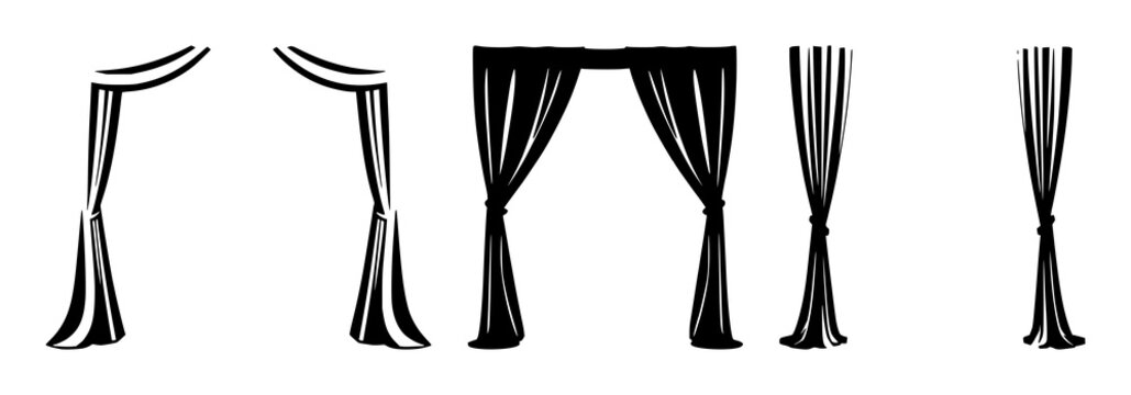 Stage curtains set with black silhouette on a crisp white background featuring theatrical, performance, drama with curtains and stage