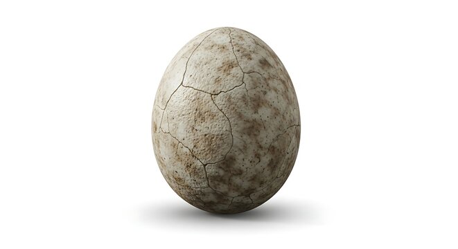Ancient cracked egg with textured surface and subtle shadow on a white background.