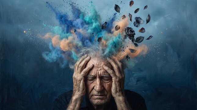 Conceptual art of an elderly man suffering from mental health issues with colorful smoke and leaves exploding from head representing dementia or depression