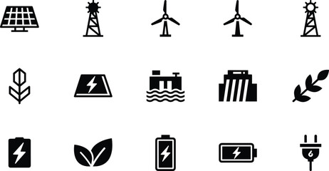 Renewable, energy, and, green, technology, vector, icon, set, featuring, solar, panels, wind, turbines, batteries, leaves, and, sustainable, power, silhouette, symbols. © SUMAIYA