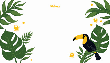 Naklejka premium Tropical Themed Background Featuring Colorful Toucan and Lush Greenery with Sunshine Accents for Nature Inspired Invitations or Stationery