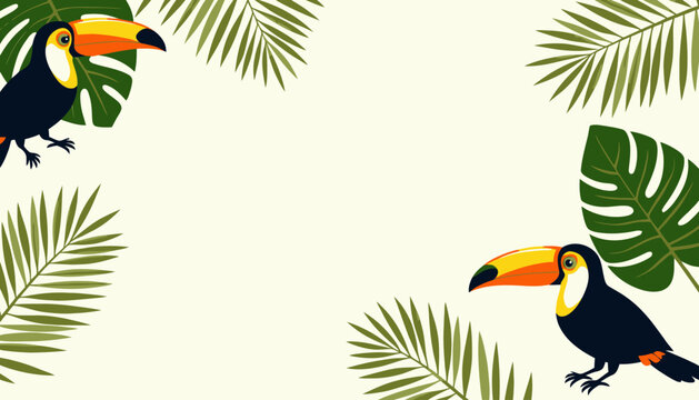 Colorful Toucans with Vibrant Beaks Surrounded by Tropical Leaves on Light Background Illustration