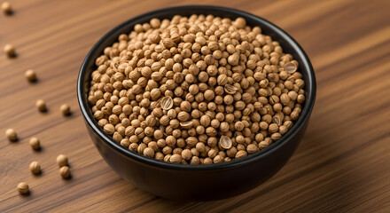 Fototapeta premium Overhead view of coriander seeds in a black bowl, spice arrangement, wooden surface, culinary ingredient.