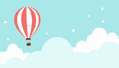 Obraz premium Colorful hot air balloon gracefully floats above soft white clouds in a bright blue sky, creating a serene and uplifting atmosphere of freedom and adventure.