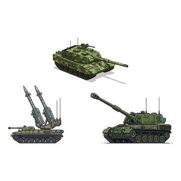 Vector pixel art collection of military tanks and rocket launchers on white background