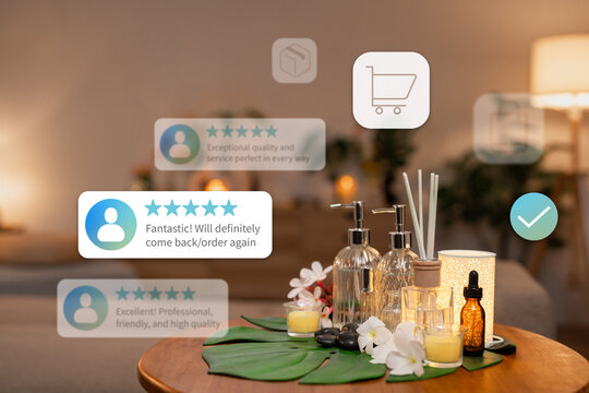 ecommerce customer review rating for beauty spa wellness product shopping with five star feedback testimonial satisfaction display home interior background