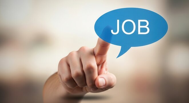 Hand pointing to blue speech bubble with white "job" text on blurred background