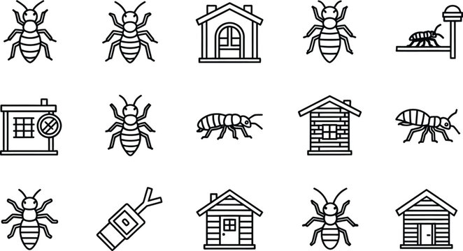 Black and white bee and beehive insects line apian
