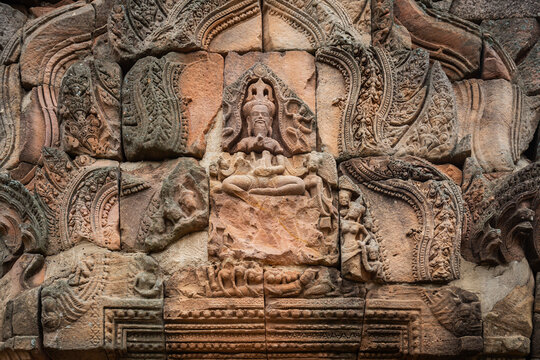 Dvaravati period carved stone lintels in Phanom Rung Historical Park Buriram Province, Thailand