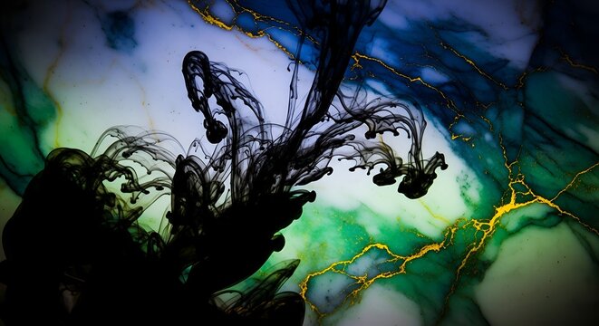 Abstract black ink diffusion in colorful liquid background