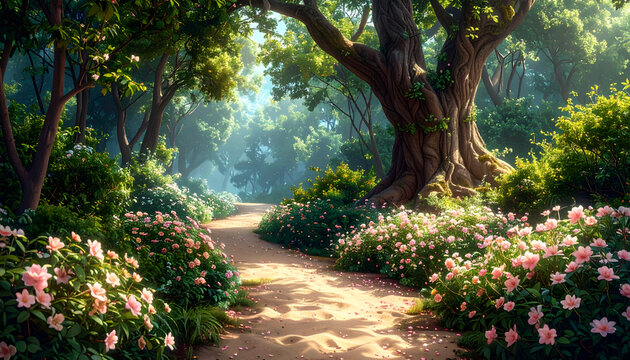 Enchanting Garden Path Lined with Blooming Roses and Lush Greenery.