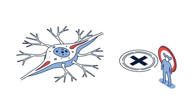 Scientific illustration of a biological neuron cell alongside a human figure icon and a cross, representing neurological conditions.