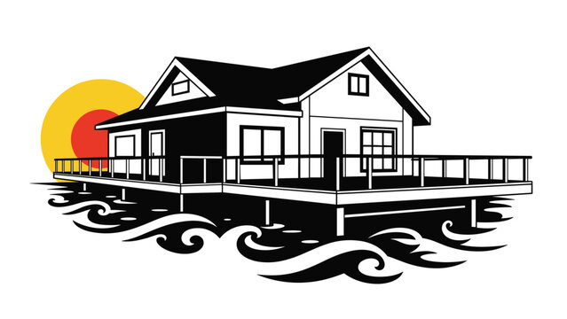 Black and white illustration of a modern beach house on stilts with a spacious deck overlooking ocean waves during a bright sunset.