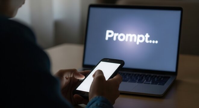 Person typing on smartphone beside open laptop displaying "prompt..." on dark screen