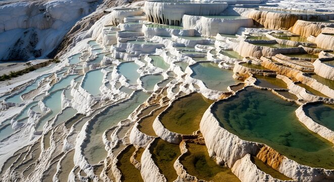 Aerial view of pamukkale travertine terraces and thermal pools in turkey