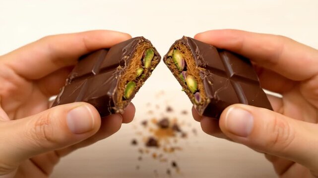 Dubai Chocolate. Hands Breaking a Chocolate Bar with Pistachio Filling on Wooden Table. Suitable for Dubai chocolate advertisements