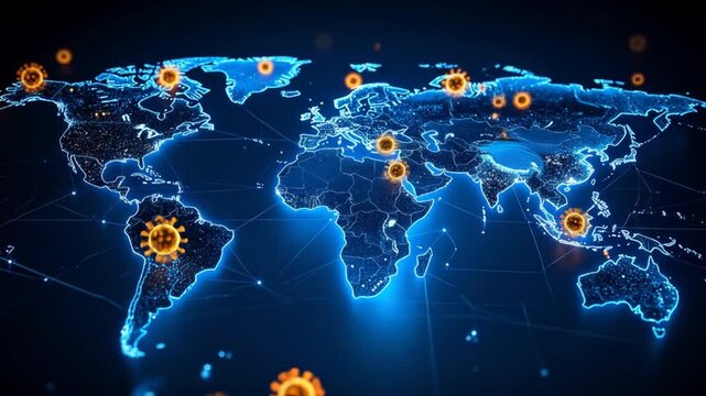 A digital representation of a global network with glowing virus particles spreading across