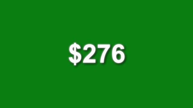 Dollar counting animation from zero to five hundred on a black background, 0 to 500 dollar money counter animation with alpha channel in 4k.