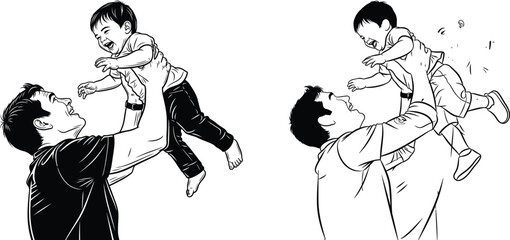 Obraz premium Sketch of a person holding a small animal repeated twice