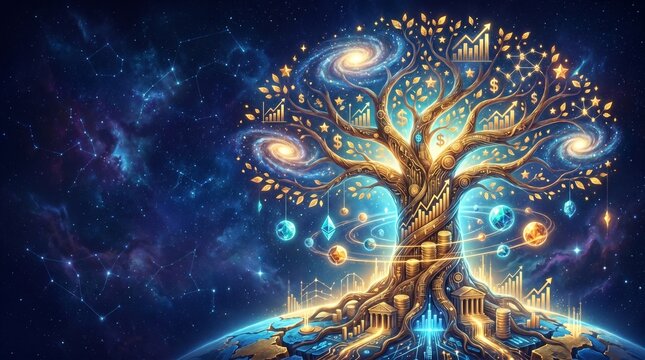 Cosmic Tree of Knowledge and Prosperity, rooted on Earth, branches adorned with galaxies and symbols representing universal growth, wisdom, and interconnected success
