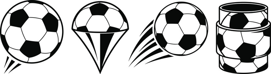 Fototapeta premium Black and White Soccer Ball Icon Set Featuring Dynamic Motion Trails, Parachute Concept, and Creative Cylinder Wrap Designs for Sports Graphics and Logos