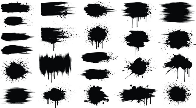 Black ink splatter and brush stroke designs with varied textures and dripping effects for graphic design and digital artwork