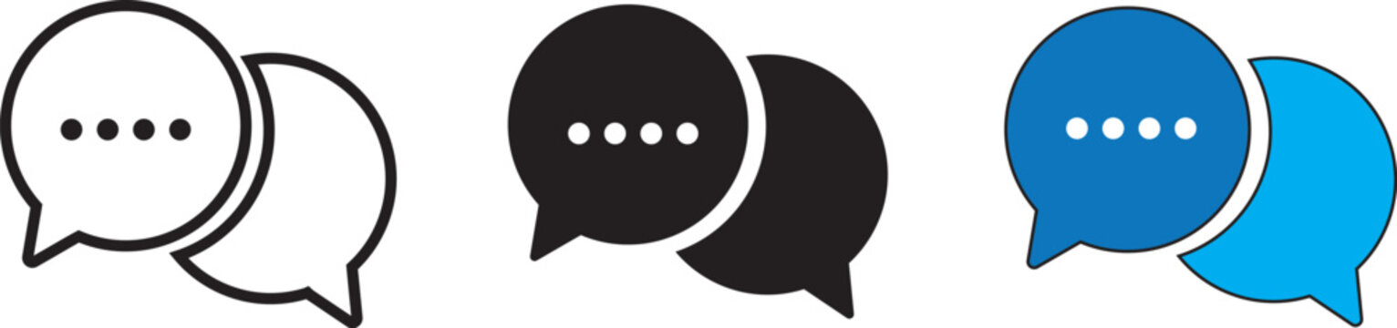 Speech bubble icons set black and blue outline communication and messaging symbols