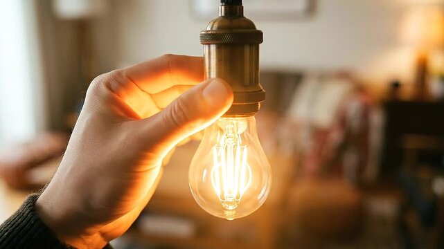 Warm incandescent filament bulb in hand reducing home energy use and emissions while creating cozy ambient lamp light and holder in living room scene