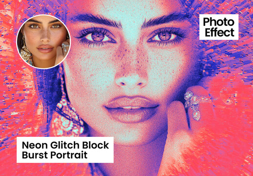 Neon Glitch Block Burst Portrait Photo Effect