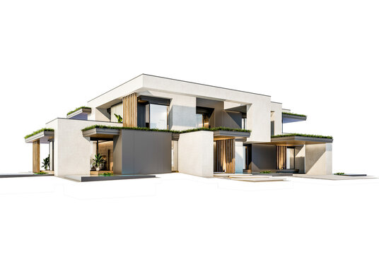 3d rendering of two-story house with parking and pool for sale or rent with concrete facade and beautiful landscaping on background. Clear sunny day isolated on white