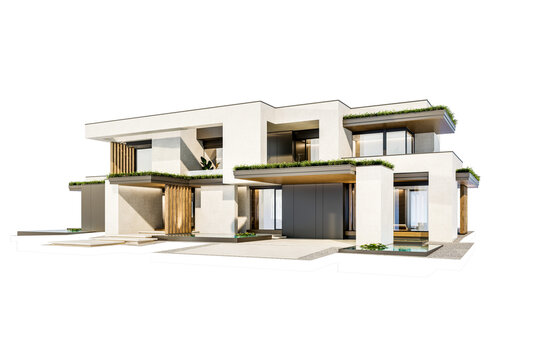 3d rendering of two-story house with parking and pool for sale or rent with concrete facade and beautiful landscaping on background. Clear sunny day isolated on white