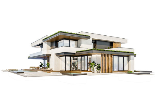 3d rendering of two-story house with parking and pool for sale or rent with concrete facade and beautiful landscaping on background. Clear sunny day isolated on white