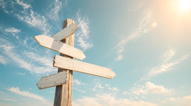 Blank wooden signpost with multiple directional arrows against a sunny blue sky representing choice.