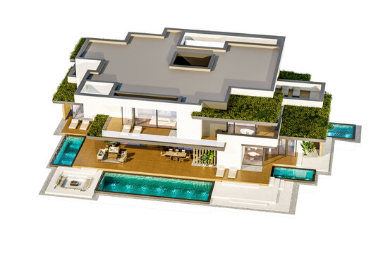 3d rendering of two-story house with parking and pool for sale or rent with concrete facade and beautiful landscaping on background. Clear sunny day isolated on white