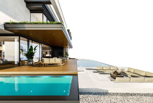 3d rendering of two-story house with parking and pool for sale or rent with concrete facade and beautiful landscaping on background. Clear sunny day isolated on white