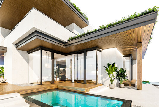 3d rendering of two-story house with parking and pool for sale or rent with concrete facade and beautiful landscaping on background. Clear sunny day isolated on white