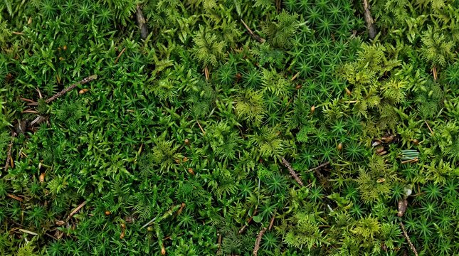  High resolution macro photography of lush forest moss texture, top-down view