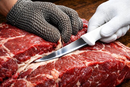 Butcher wearing chainmail glove precisely slicing raw red meat with sharp knife