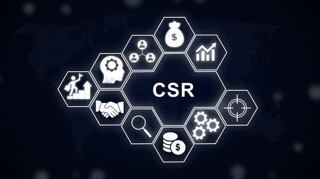 Corporate social responsibility csr concept infographic with glowing hexagonal representing sustainable business ethics, ethical governance, philanthropy, and strategic