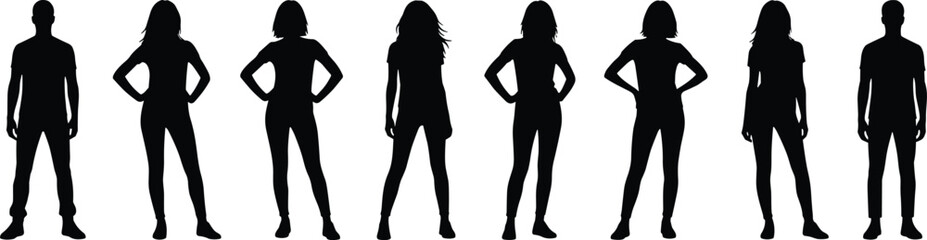 Black silhouette illustration of eight people standing in upright poses symbolizing gender, identity, diversity, fashion, and representation themes © Anonto