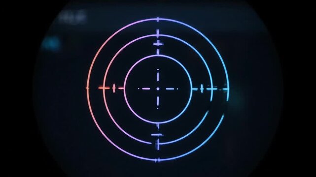 Digital crosshair targeting system with colorful neon glow on dark background