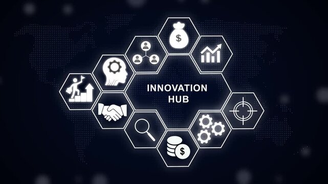 Innovation hub digital interface featuring business growth strategic planning, financial success, team collaboration, creative problem solving, and technological