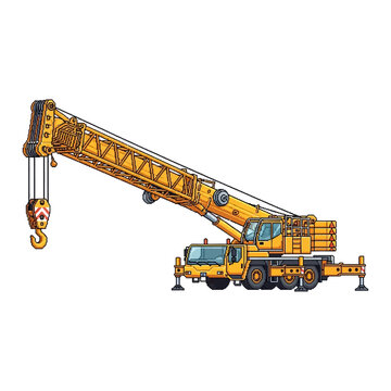 Yellow mobile construction crane vector pixel art illustration for heavy lifting