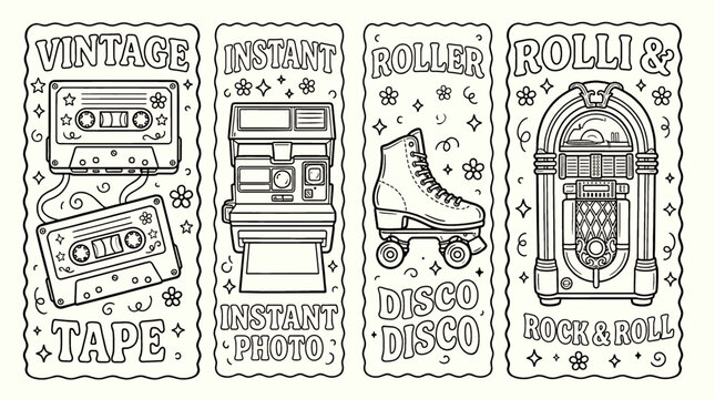 Retro 70s and 80s Illustration Set with Cassette, Camera, Roller Skate and Jukebox, Nostalgic Line Art Coloring Book Style Doodles for Creative Projects