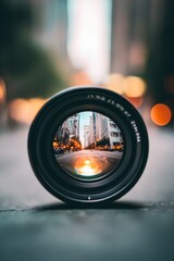 Fototapeta premium Focusing on a detailed view through a camera lens in an urban setting during evening time