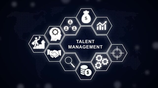 Talent management concept with glowing hexagonal infographic featuring human resources, career growth, financial success, and corporate strategy for business presentations