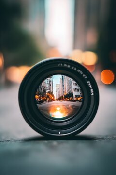 Focusing on a detailed view through a camera lens in an urban setting during evening time