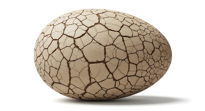 A single egg with a dry, cracked, and parched surface, resembling dried earth or mud, isolated on a white background.