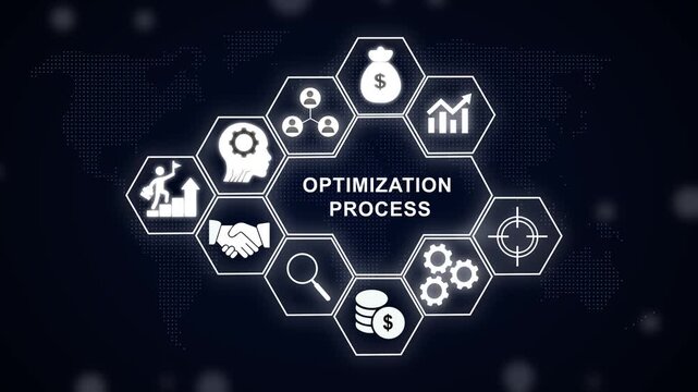 Digital optimization process infographic with glowing hexagonal representing business strategy, financial growth, efficiency, management, and corporate success planning